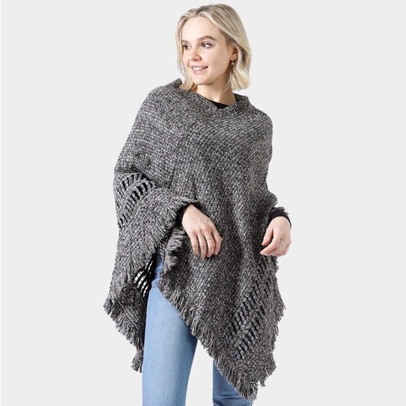 Stylesilove women’s two tone knit fringe poncho pullover sweater wrap cape - Picture 1 of 14